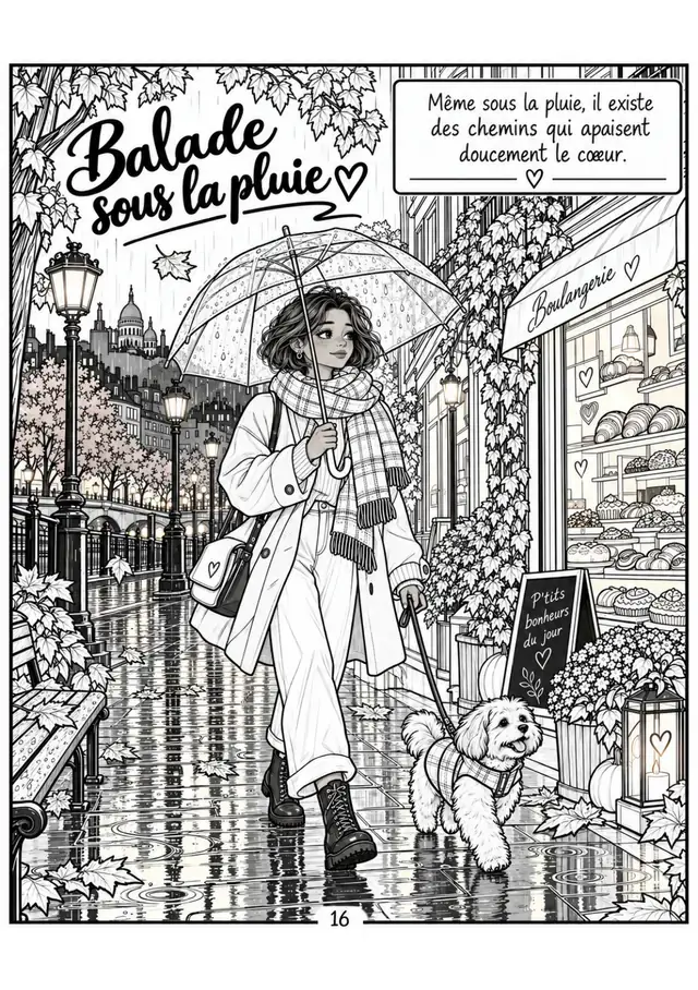 Page 16 du carnet Prends une pause : « Balade sous la pluie », illustration à colorier