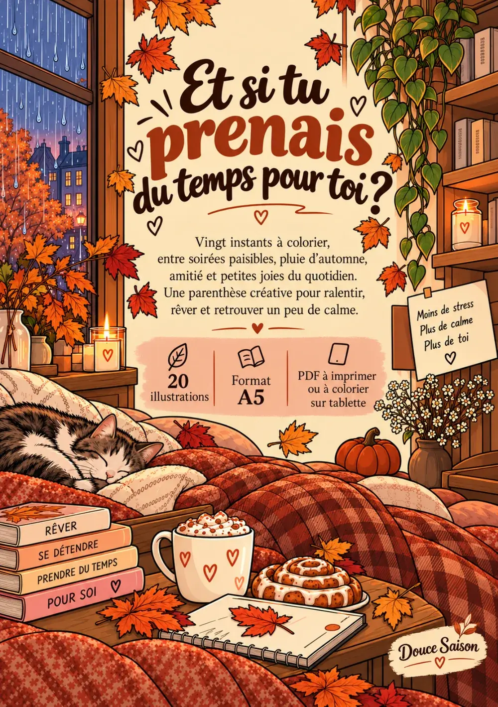 Dos du carnet : 20 illustrations, format A5, PDF à imprimer ou à colorier sur tablette.